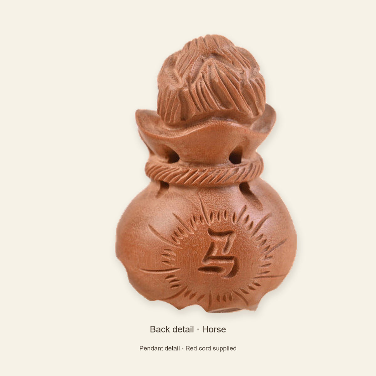 Peach Wood Zodiac Fortune Bag Necklace — Horse / Red, detail view #zodiac_horse