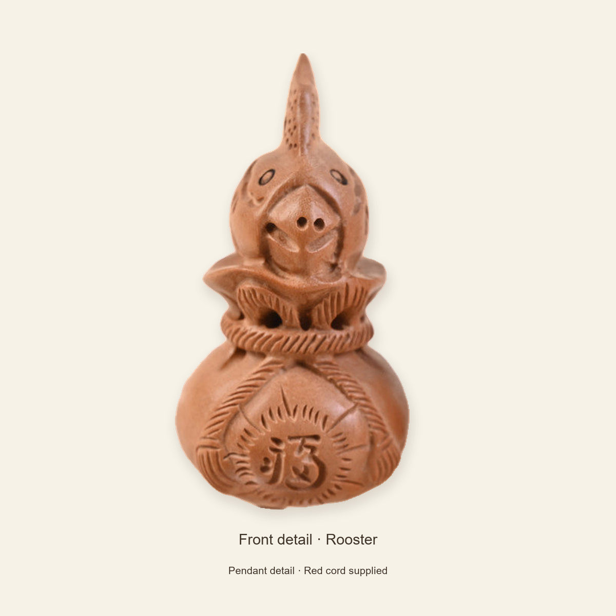 Peach Wood Zodiac Fortune Bag Necklace — Rooster / Red, full design view #zodiac_rooster