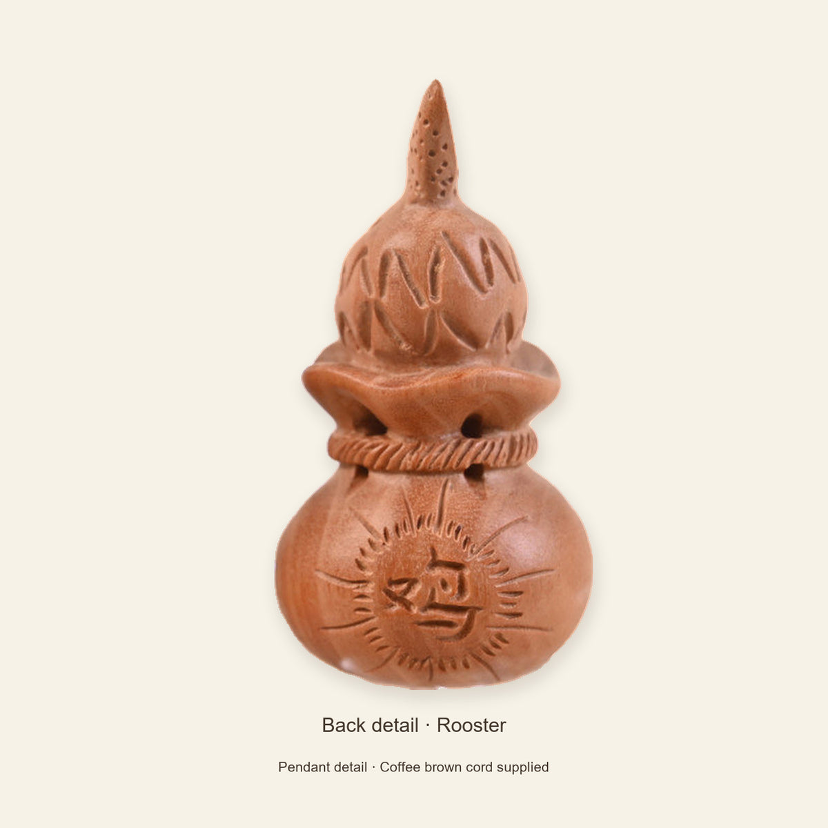 Peach Wood Zodiac Fortune Bag Necklace — Rooster / Coffee brown, detail view #zodiac_rooster