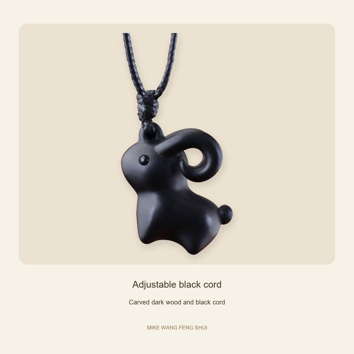 Dark Wood Little Goat Necklace — Adjustable black cord, design and material view