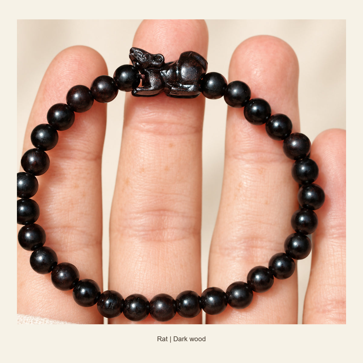 Dark Wood Chinese Zodiac Bead Bracelet — Rat, display view #zodiac_rat