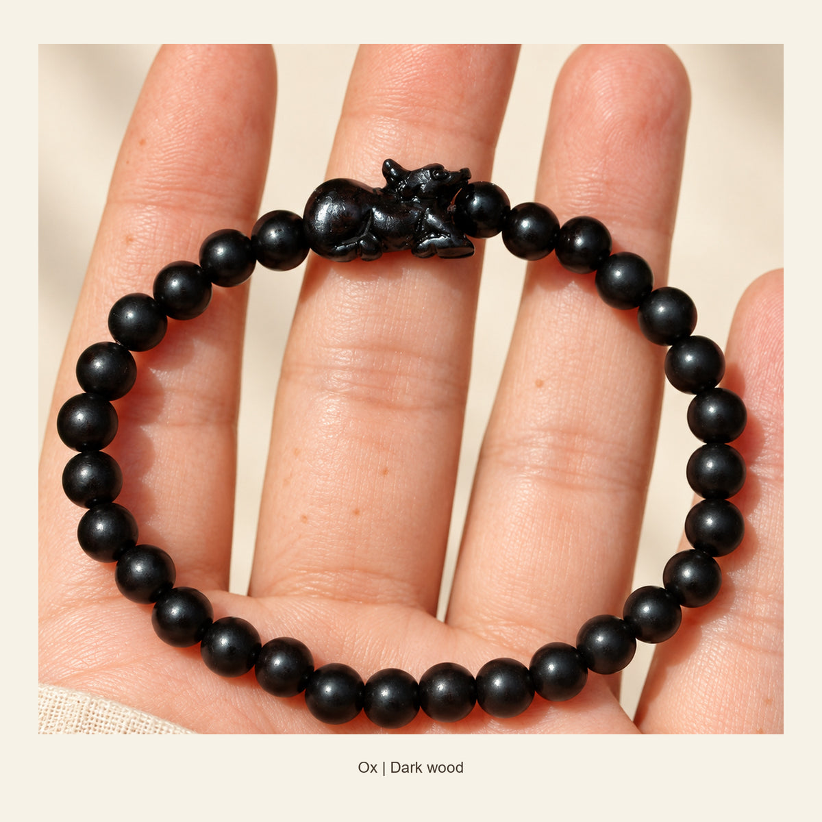 Dark Wood Chinese Zodiac Bead Bracelet — Ox, display view #zodiac_ox