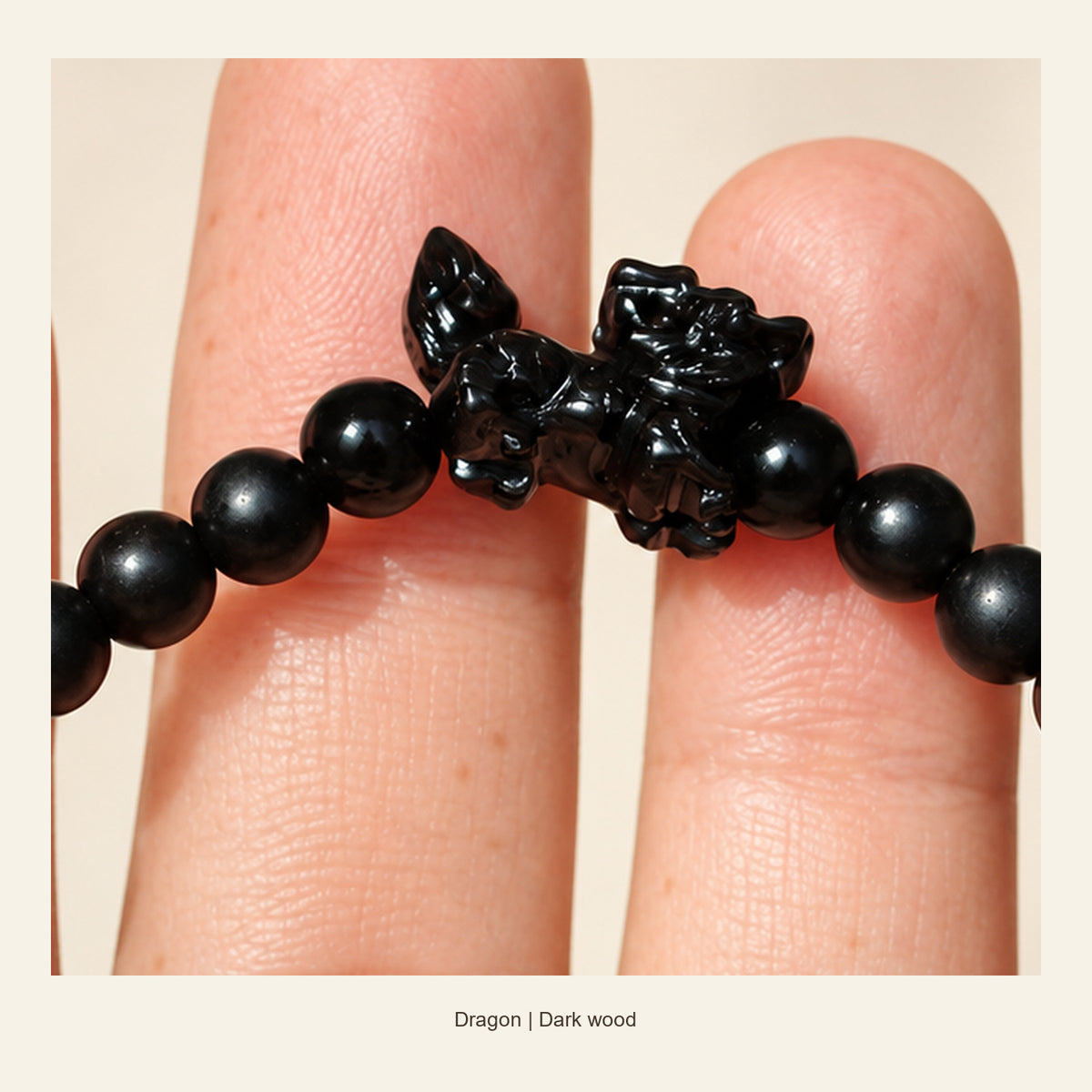 Dark Wood Chinese Zodiac Bead Bracelet — Dragon, detail view #zodiac_dragon