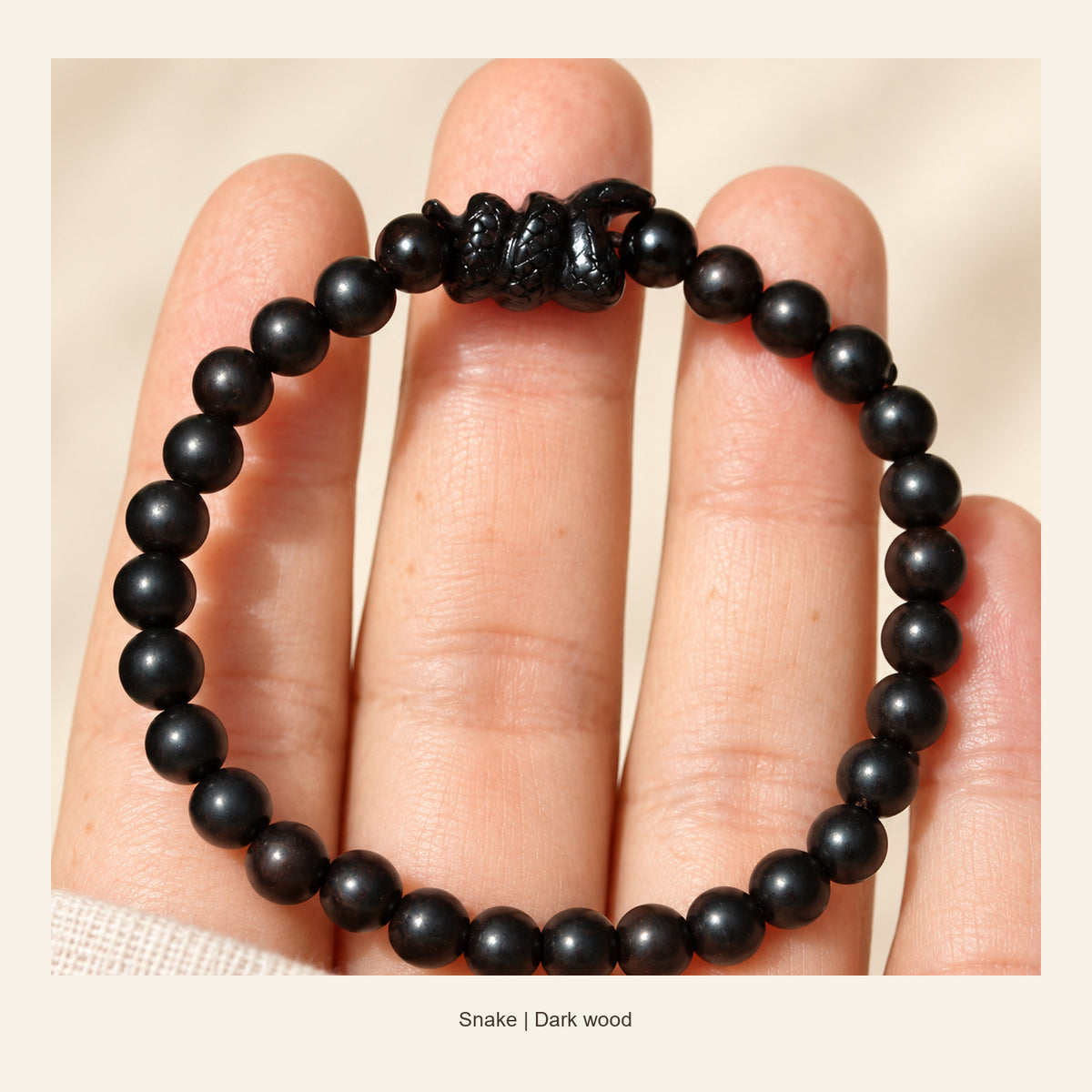 Dark Wood Chinese Zodiac Bead Bracelet — Snake, display view #zodiac_snake