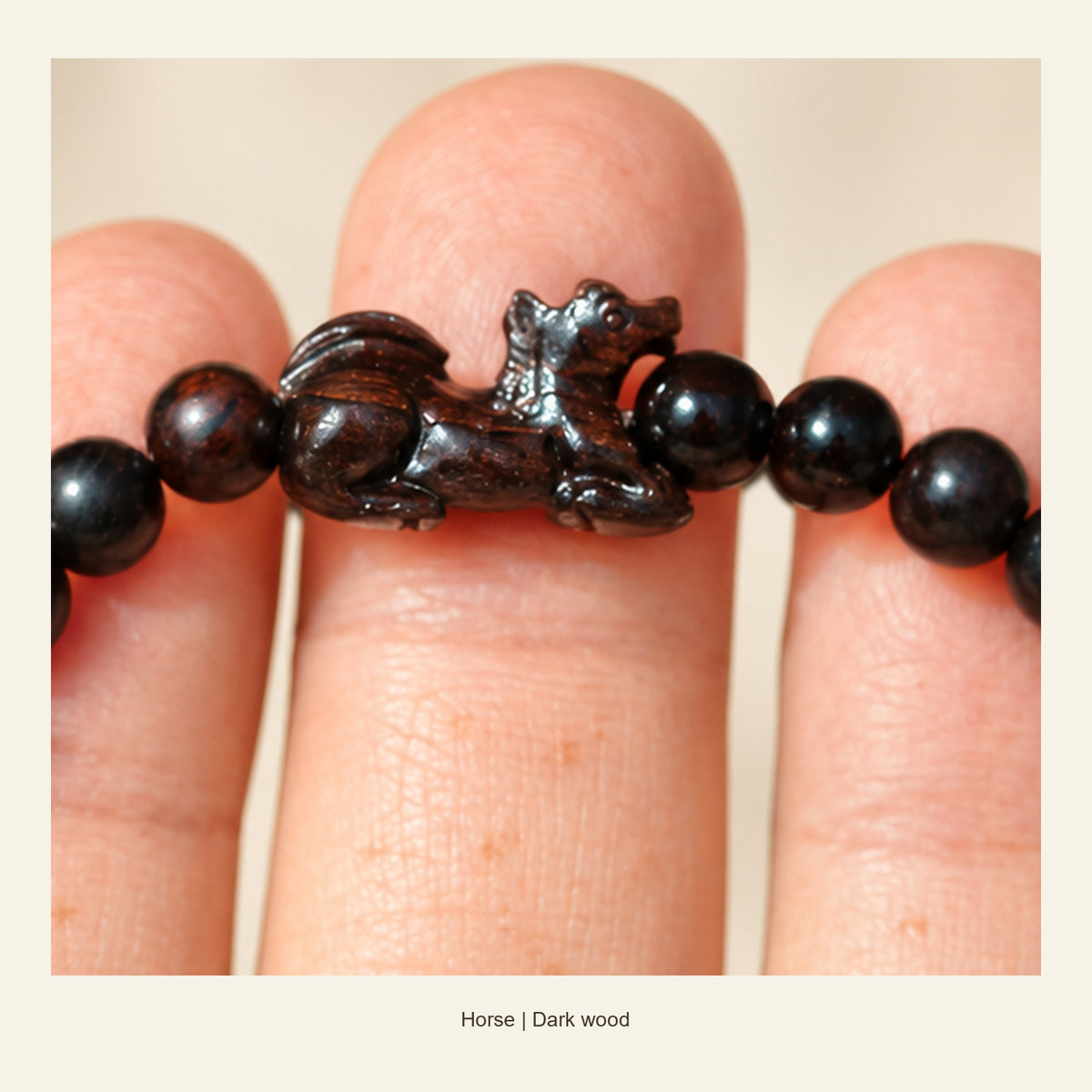 Dark Wood Chinese Zodiac Bead Bracelet — Horse, detail view #zodiac_horse