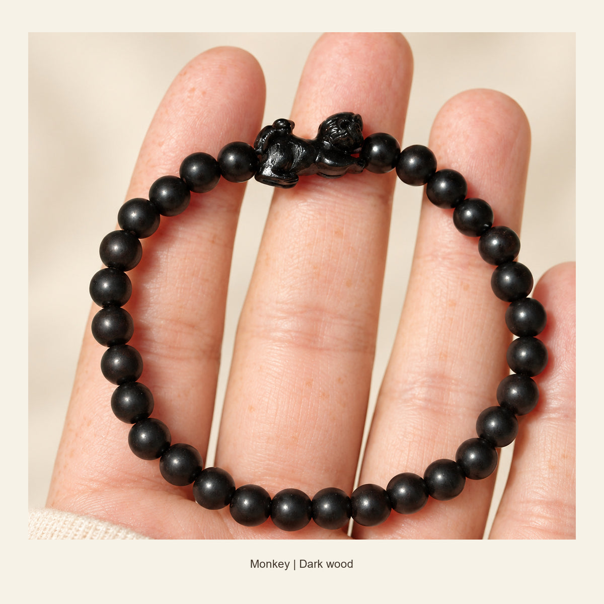 Dark Wood Chinese Zodiac Bead Bracelet — Monkey, display view #zodiac_monkey
