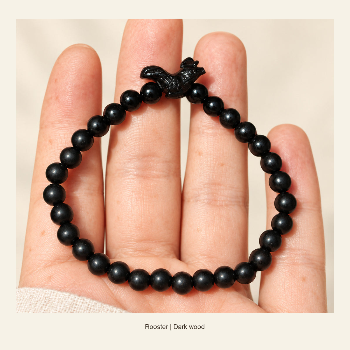 Dark Wood Chinese Zodiac Bead Bracelet — Rooster, full design view #zodiac_rooster