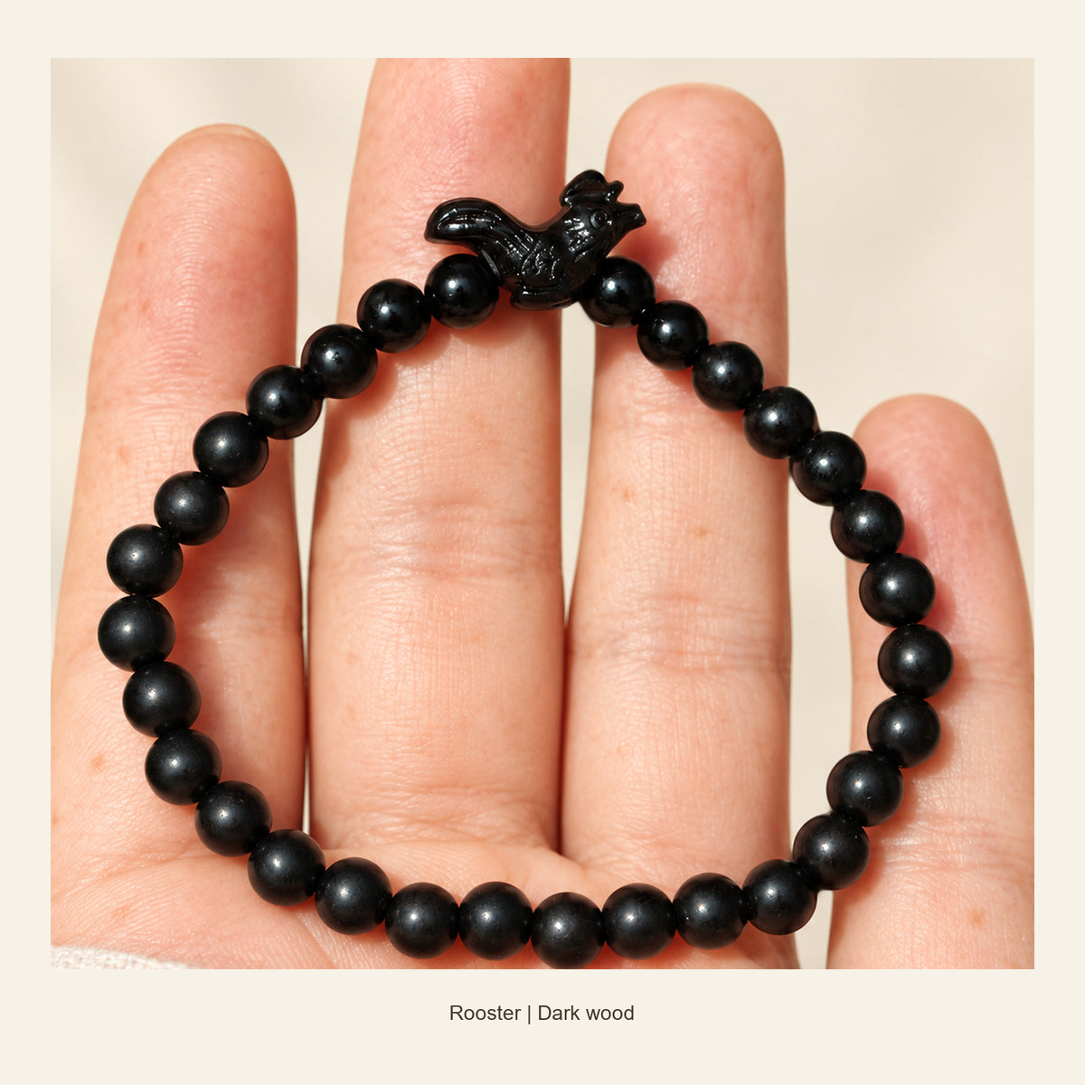 Dark Wood Chinese Zodiac Bead Bracelet — Rooster, display view #zodiac_rooster