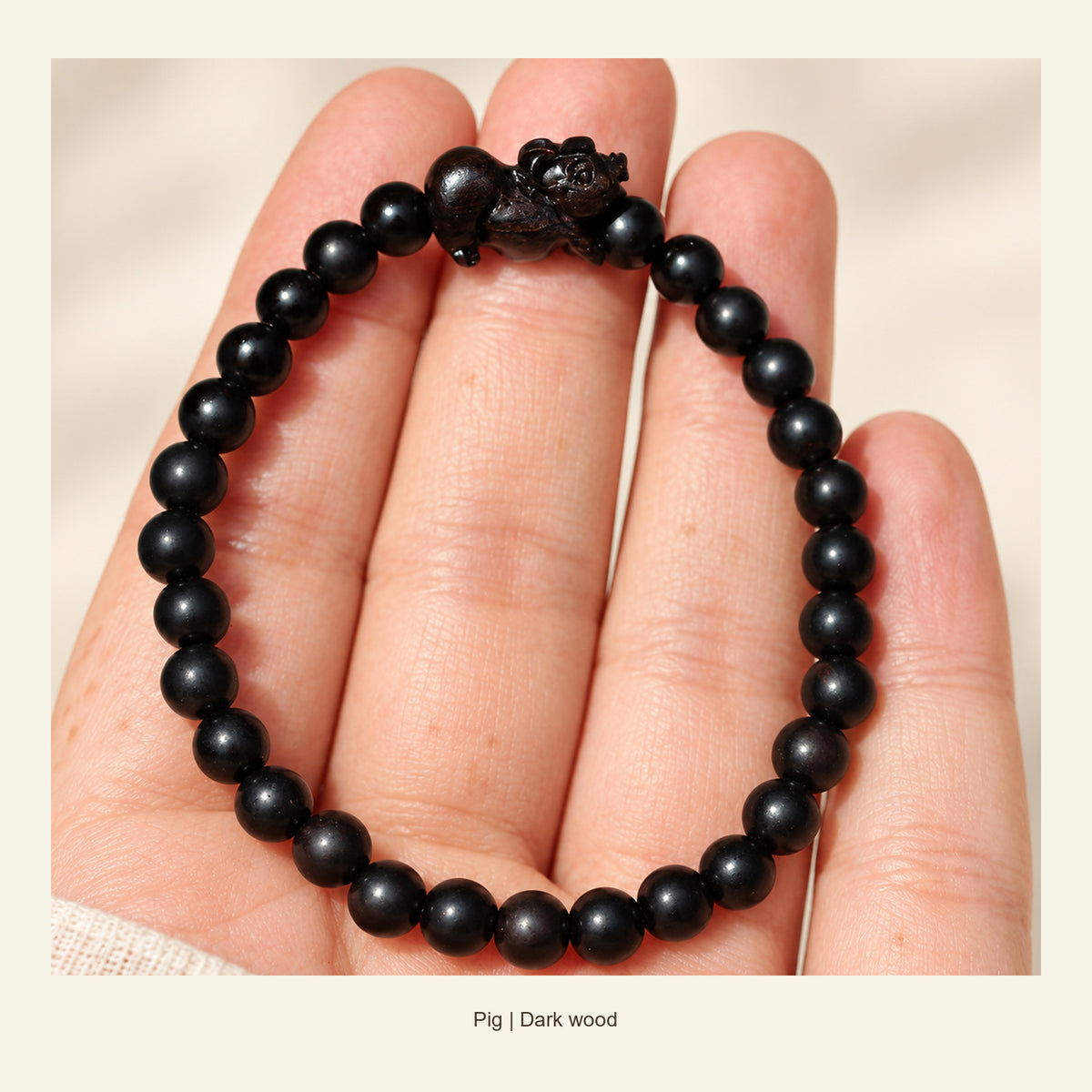 Dark Wood Chinese Zodiac Bead Bracelet — Pig, display view #zodiac_pig