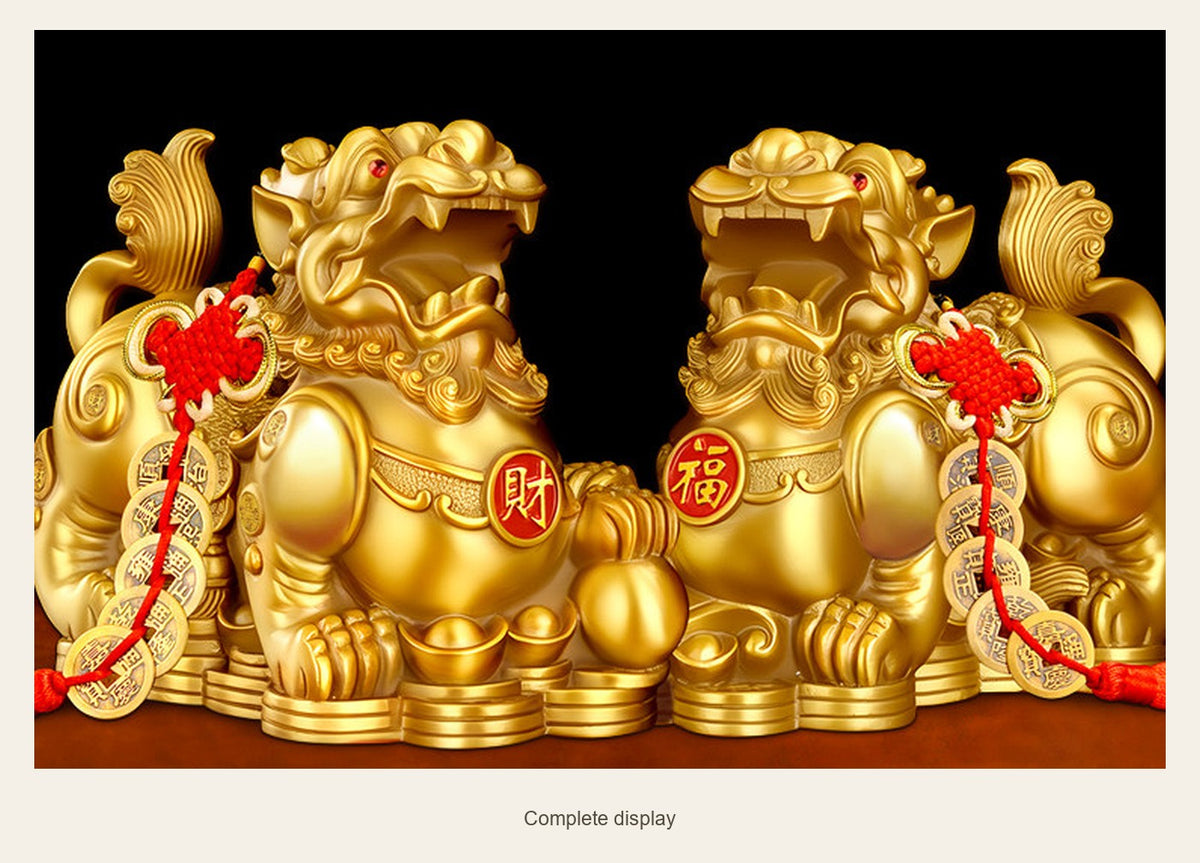 Red Fu & Cai Brass Pixiu Pair — 8 cm — complete display (Complete display)