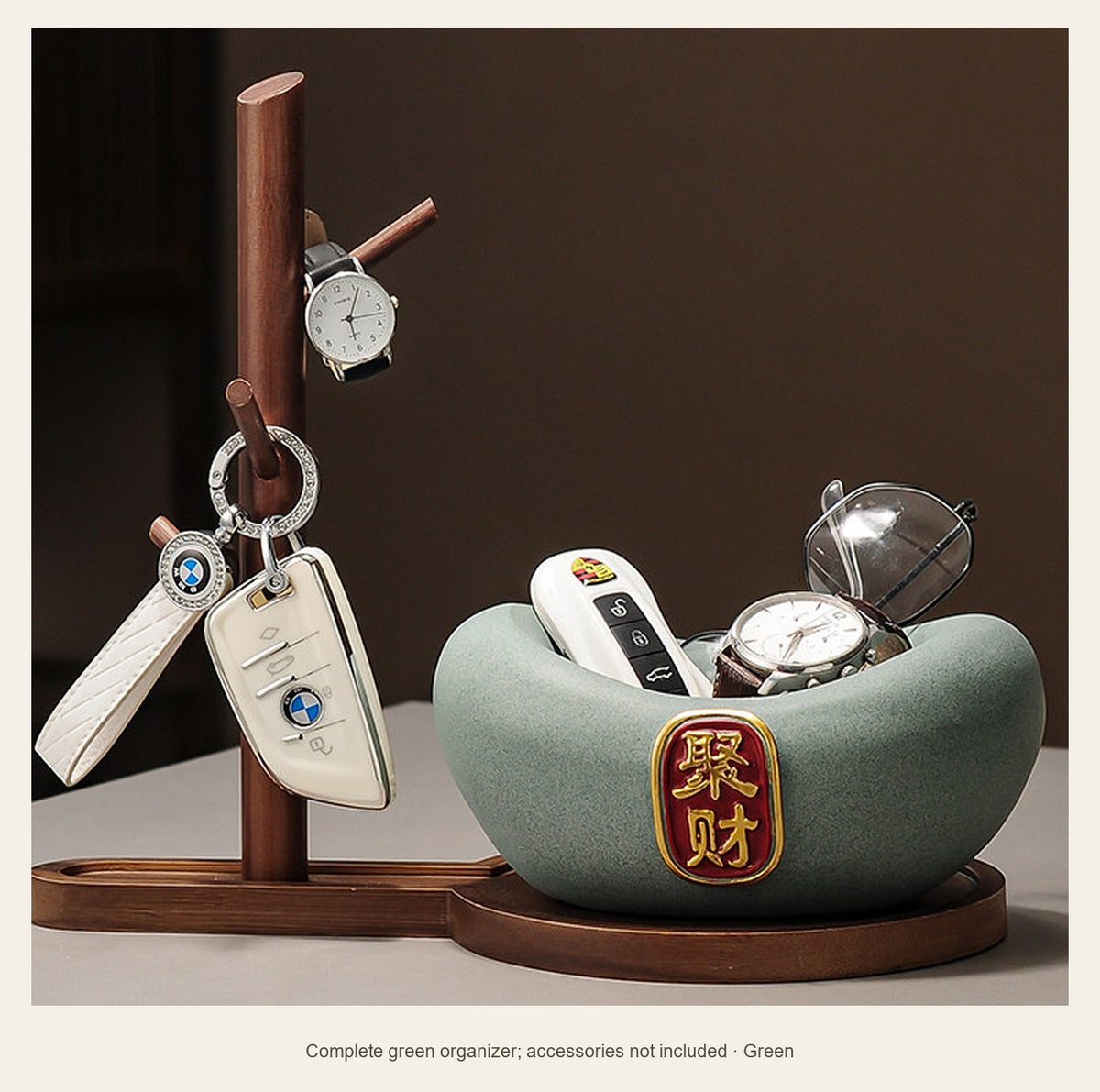 Resin Wealth Bowl & Bamboo Key Stand — complete green organizer; accessories not included (Green)