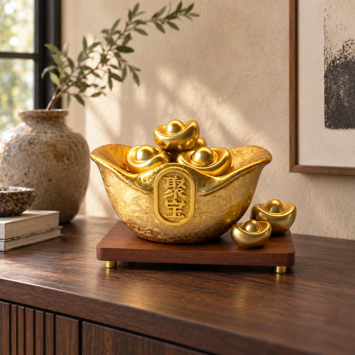 AI styling illustration of the gold ingot wealth bowl on a home console; room props are not included.