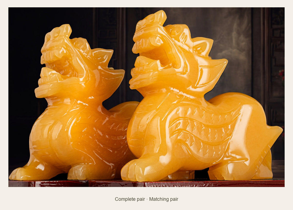 Yellow Stone Pixiu Statue — 10 cm — complete pair (Matching pair)