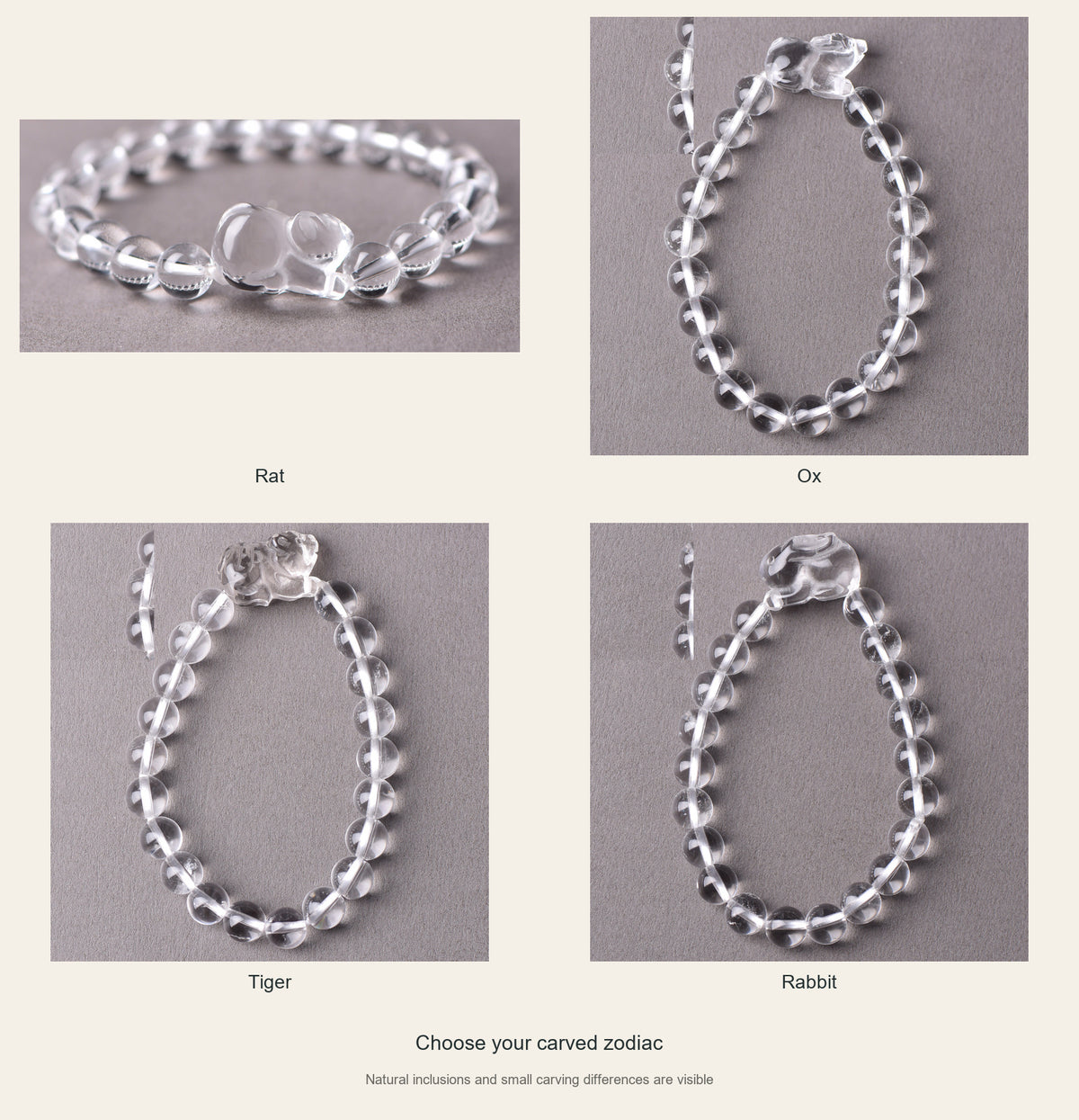 Clear quartz full designs: Rat, Ox, Tiger, Rabbit