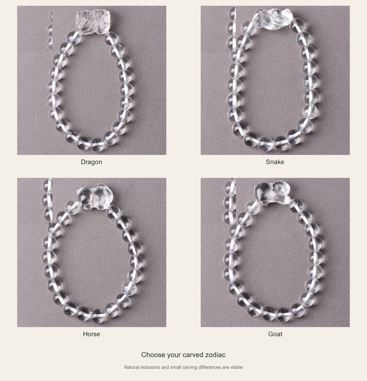 Clear quartz full designs: Dragon, Snake, Horse, Goat