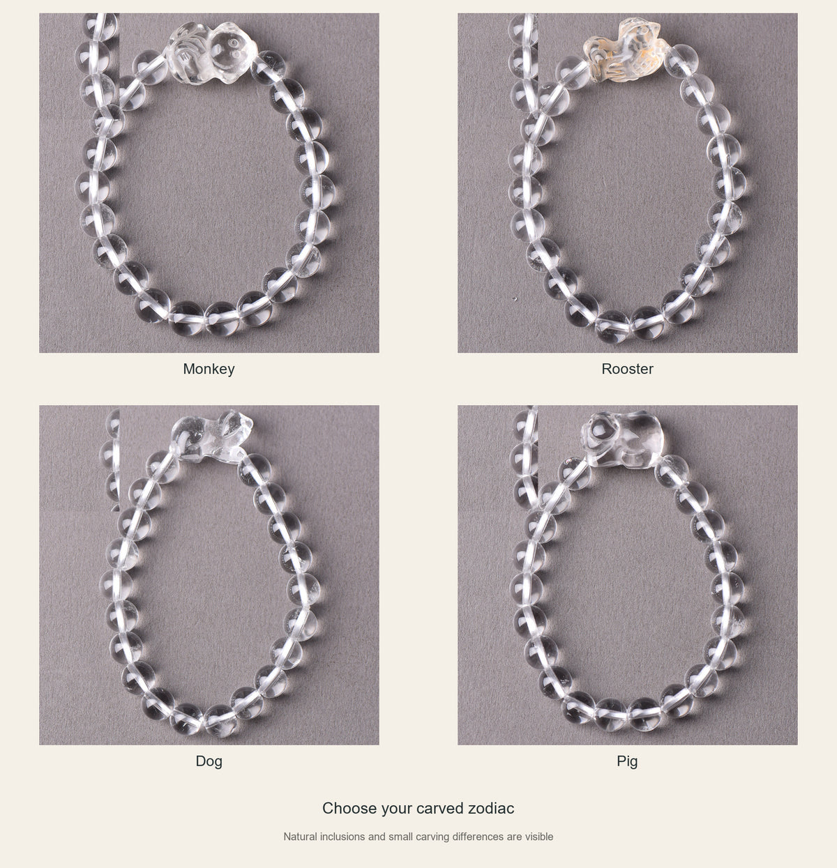 Clear quartz full designs: Monkey, Rooster, Dog, Pig