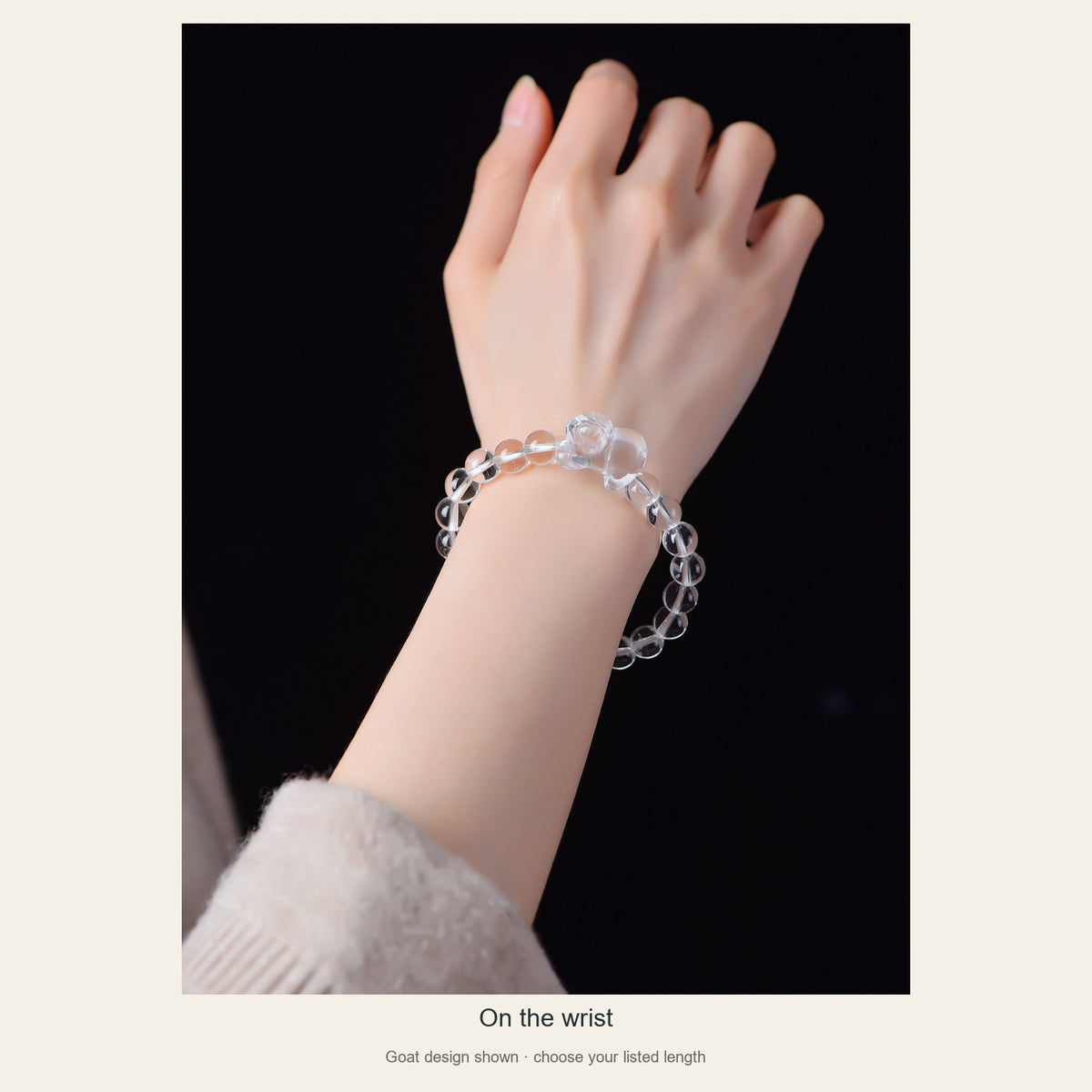 Clear quartz Goat bracelet on the wrist, front wearing view