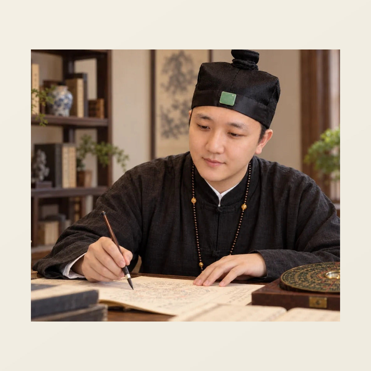 Mike Wang seated at a desk for a personal reading