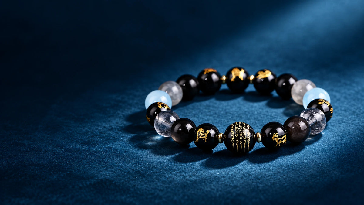 Obsidian and aquamarine zodiac bracelet on a deep blue background