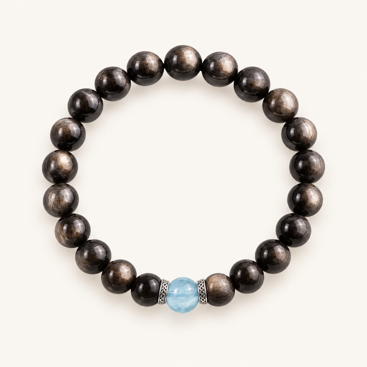 Aquamarine & Silver Sheen Obsidian Bracelet on an ivory background