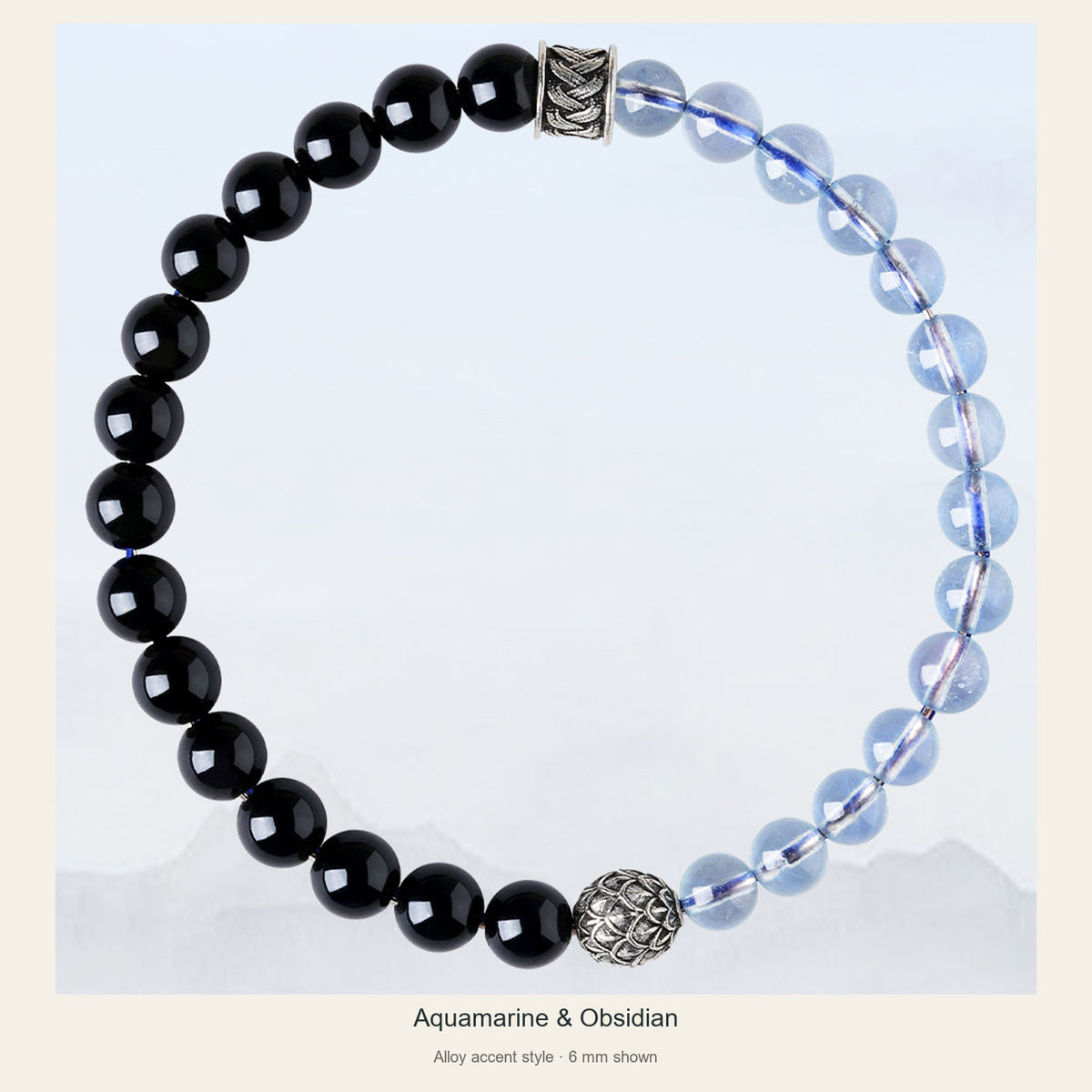 Aquamarine and obsidian bracelet with two alloy accents, full view