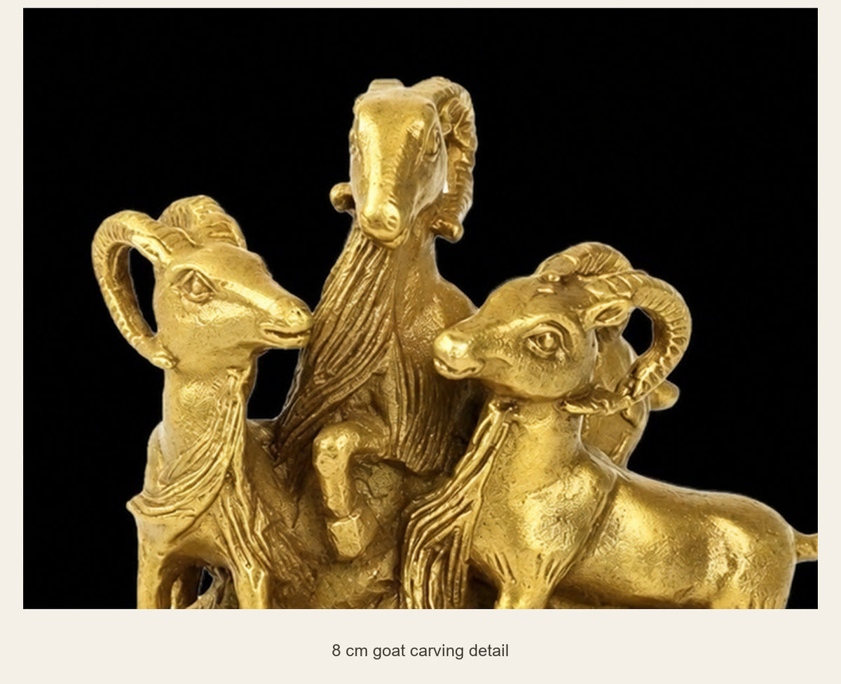 Brass Three Goats Statue — San Yang Kai Tai — 8 cm goat carving detail