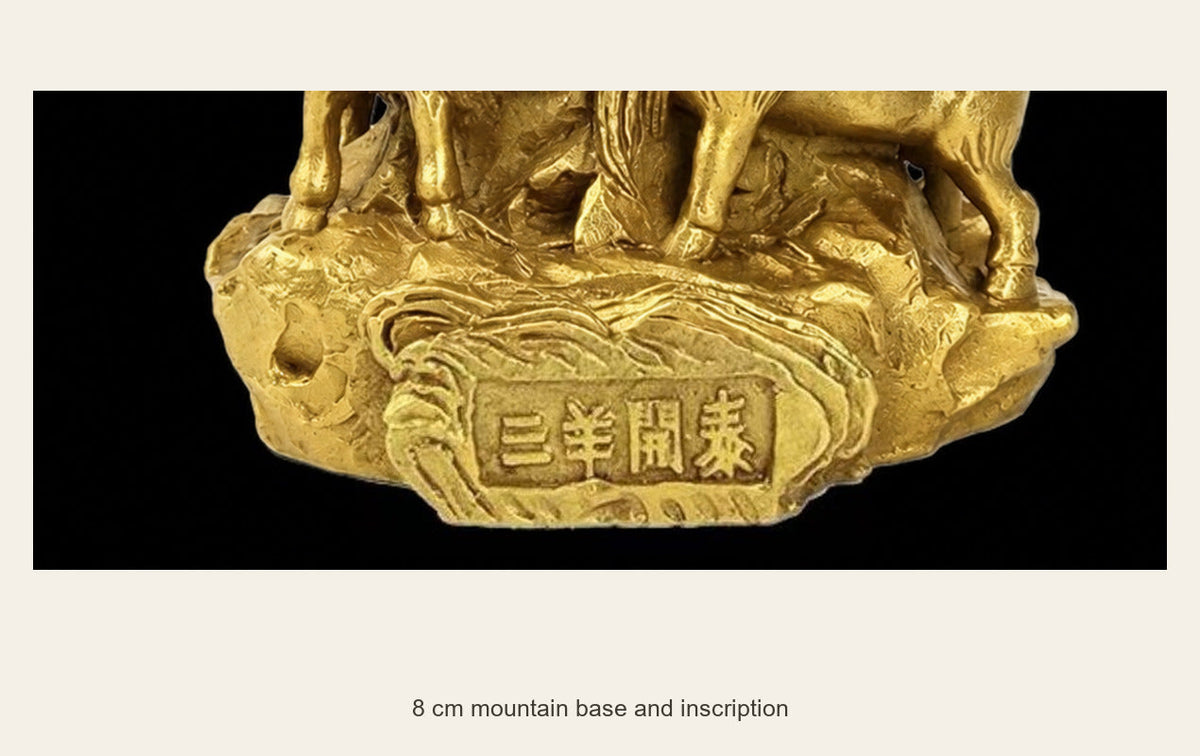 Brass Three Goats Statue — San Yang Kai Tai — 8 cm mountain base and inscription