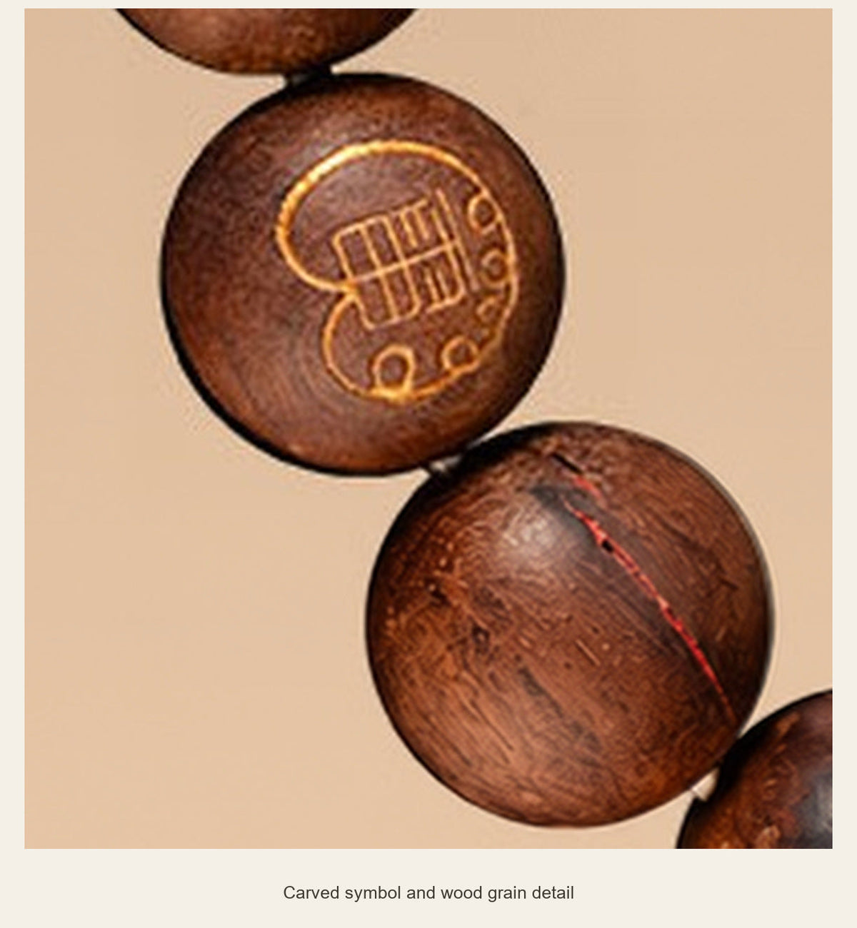 Carved Jujube Wood Bracelet — 10 mm Beads — carved symbol and wood grain detail