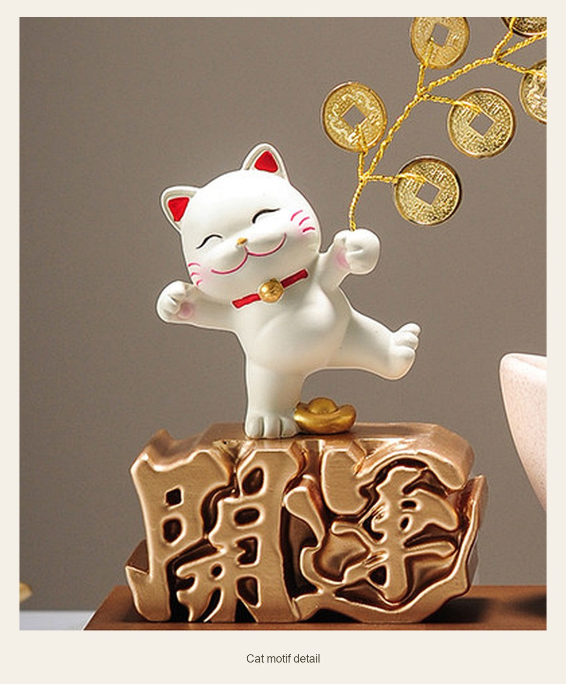 Coin Lucky Cat & Wealth Bowl — cat motif detail (Complete display)