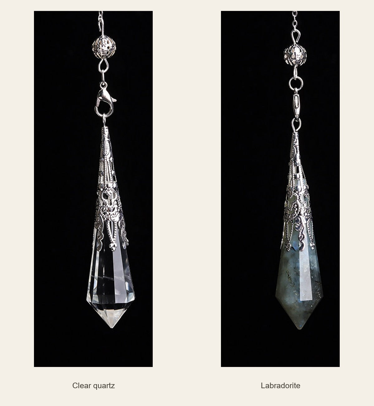 Crystal Pendulum — Gemstone & Glass Options — clear quartz / labradorite