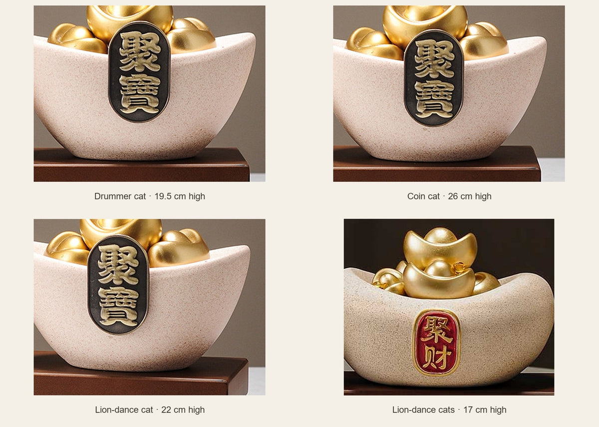 Lucky Cat Wealth Bowl Displays — Four Styles — close-up comparison of the listed options