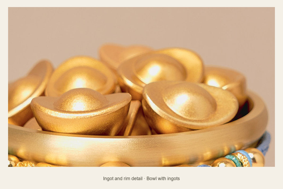 Gold-Plated Brass Wealth Bowl — 7.5 cm — ingot and rim detail (Bowl with ingots)