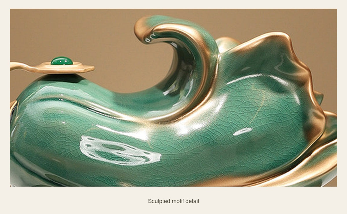 Green Ceramic Cabbage Prosperity Ornament — sculpted motif detail (Complete display)