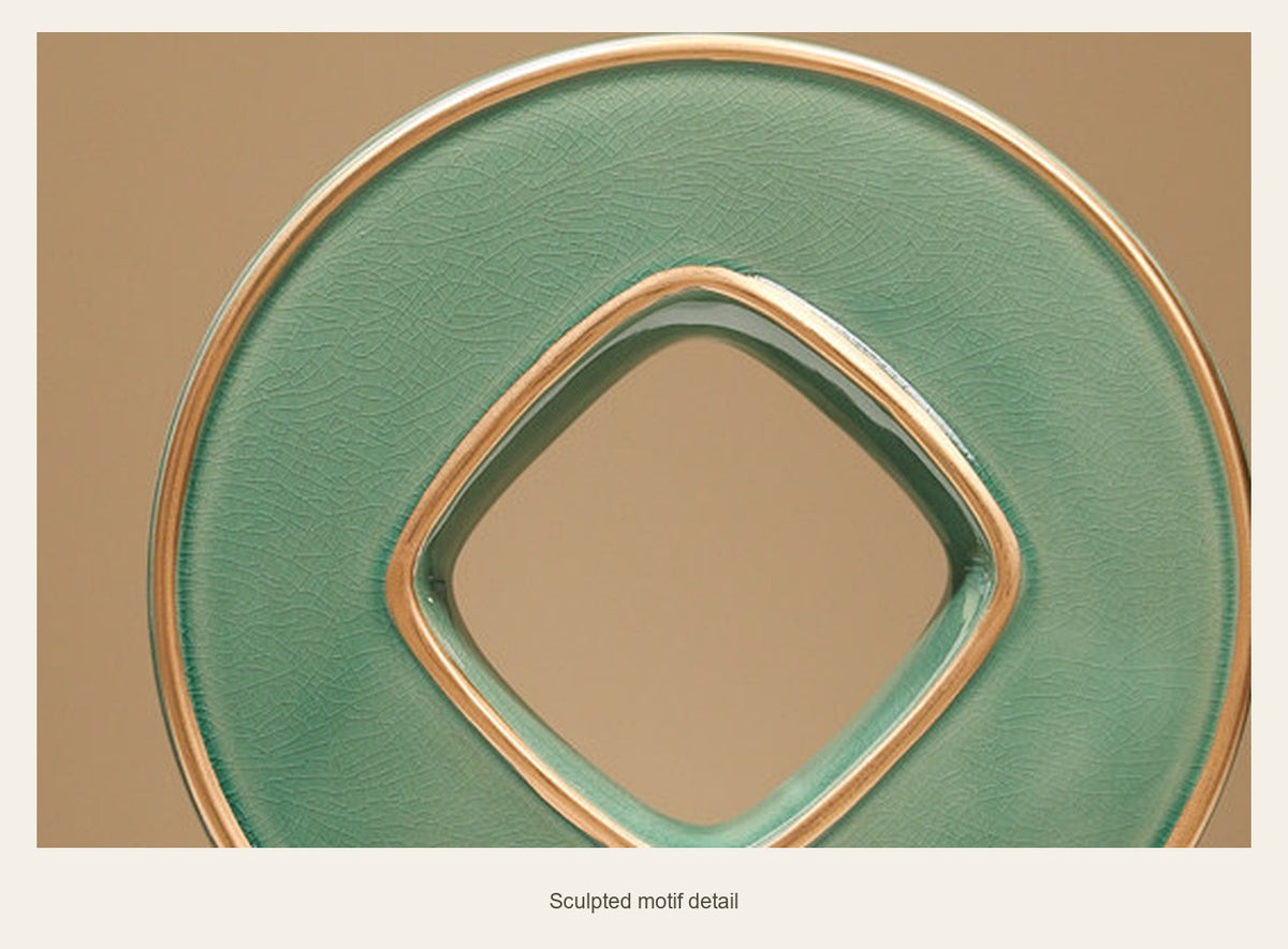 Green Ceramic Chinese Coin Display — sculpted motif detail (Complete display)