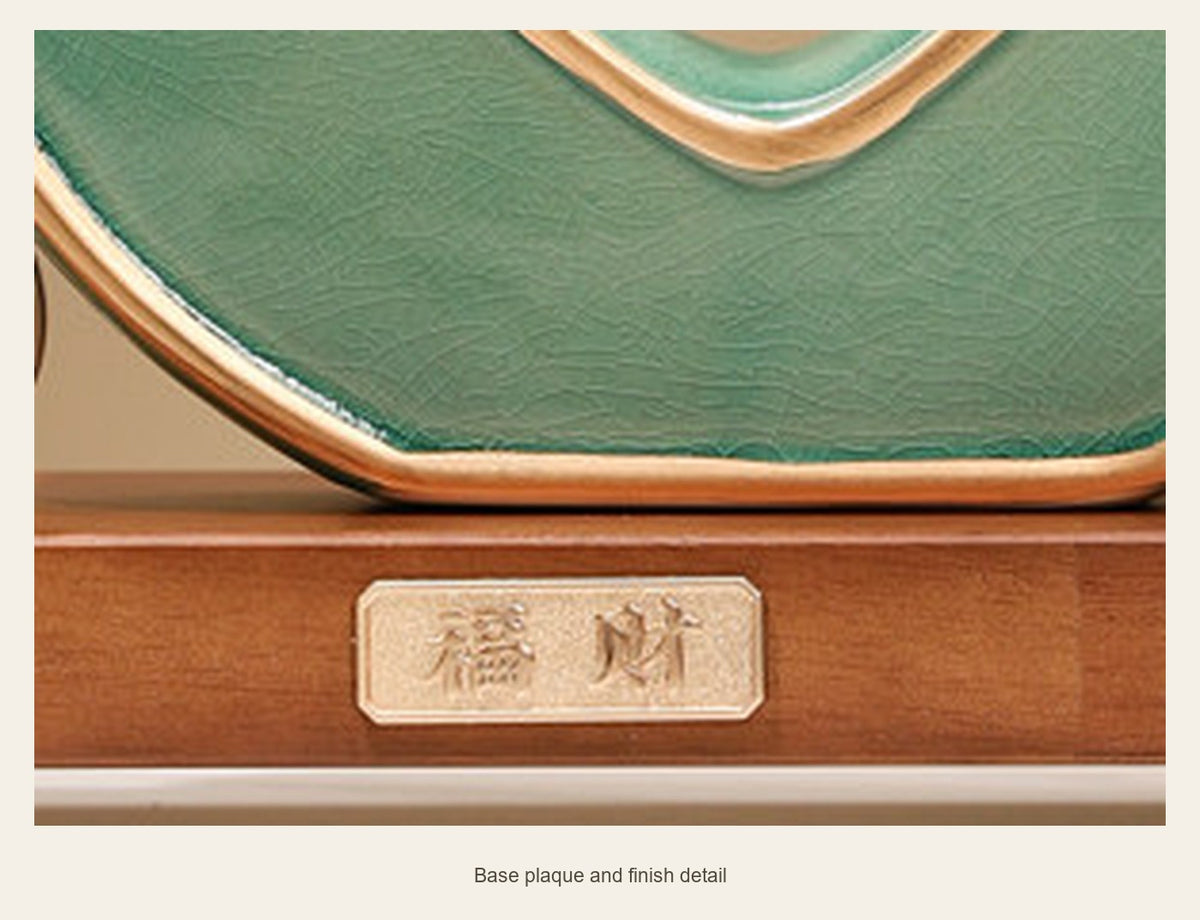 Green Ceramic Chinese Coin Display — base plaque and finish detail (Complete display)