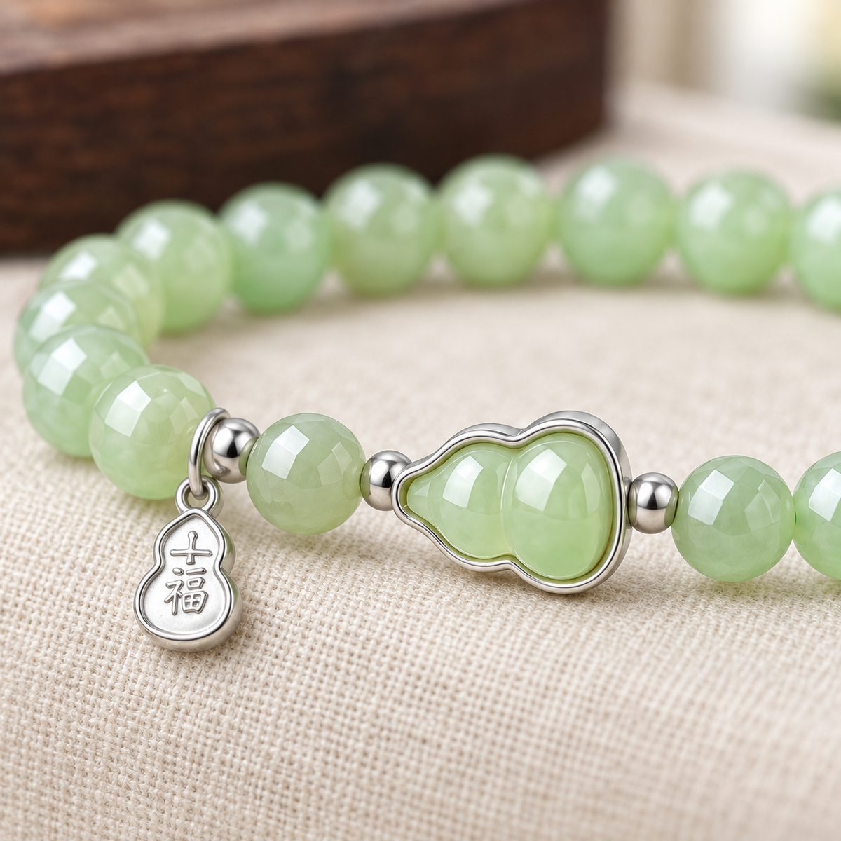 AI-generated close detail illustration of jade beads and silver gourd charms; reference actual product specifications.