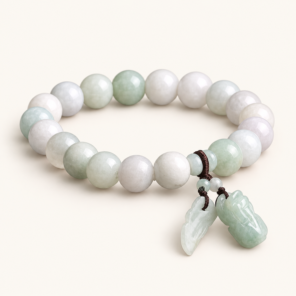 Jade Pixiu Leaf Prosperity Bracelet on an ivory background