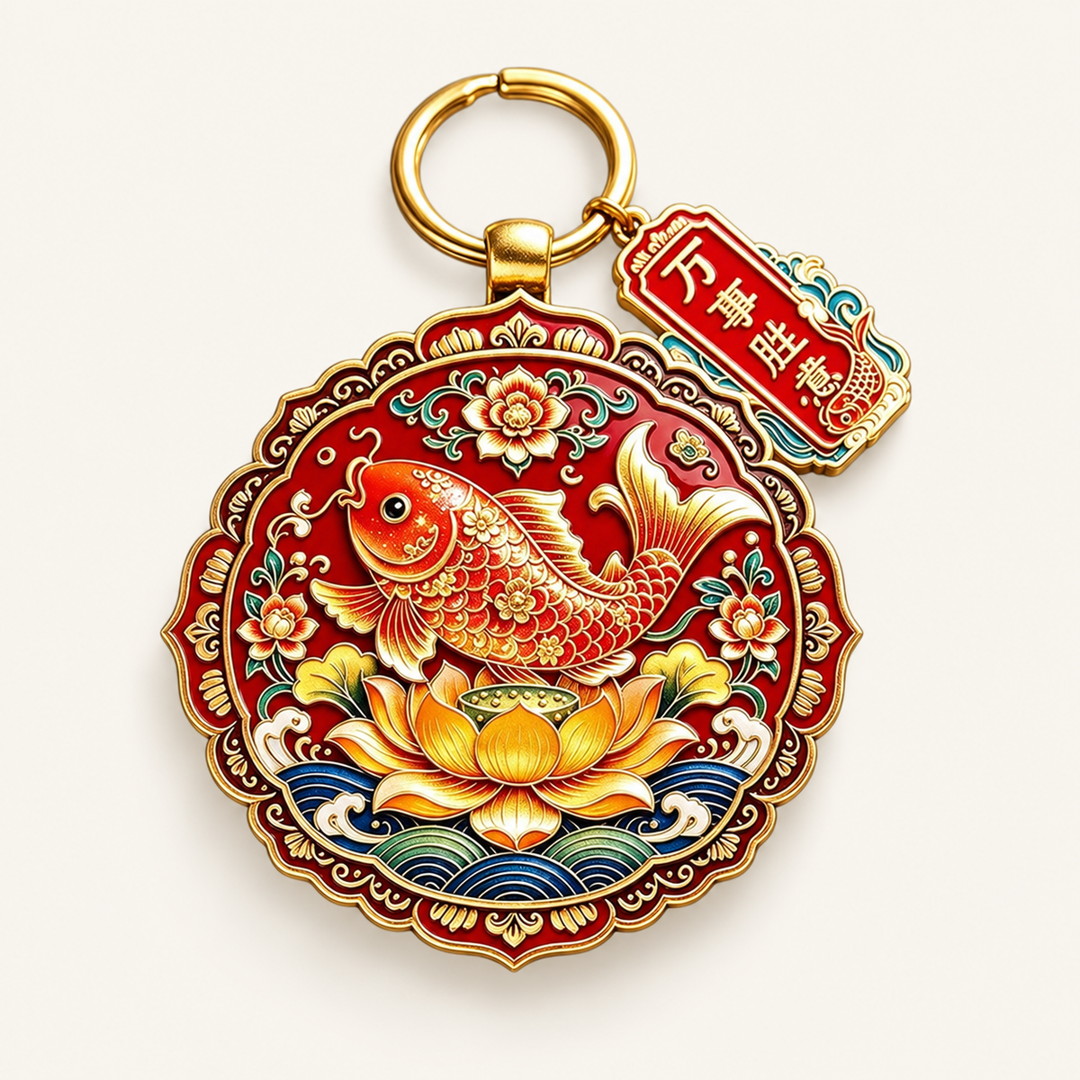Koi Fish & Lotus Feng Shui Keychain on an ivory background