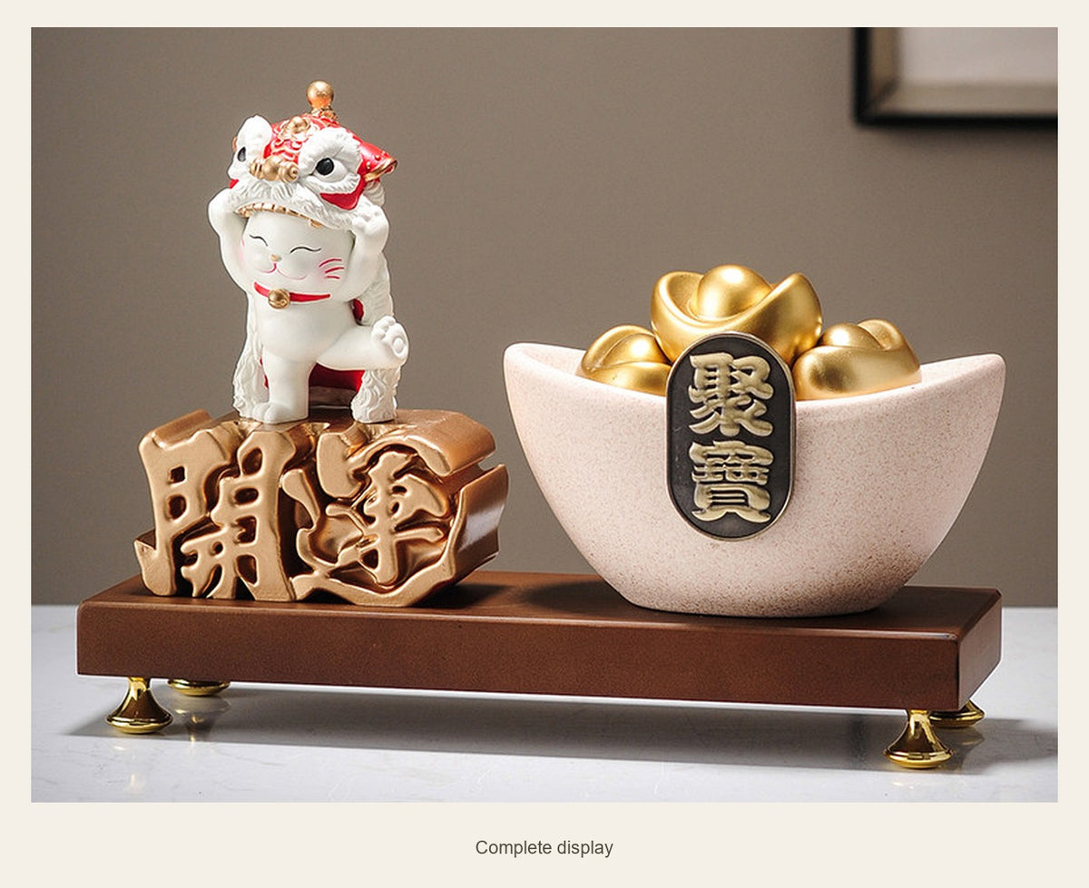 Lion Dance Cat & Wealth Bowl — complete display (Complete display)