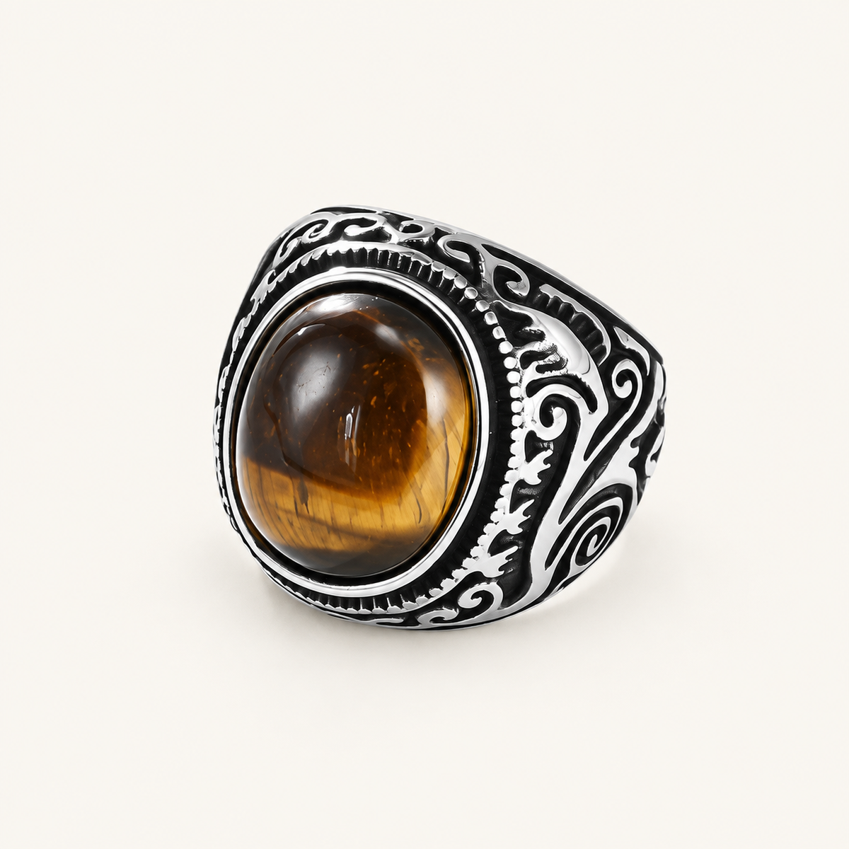 Men's Tiger Eye Ring on an ivory background