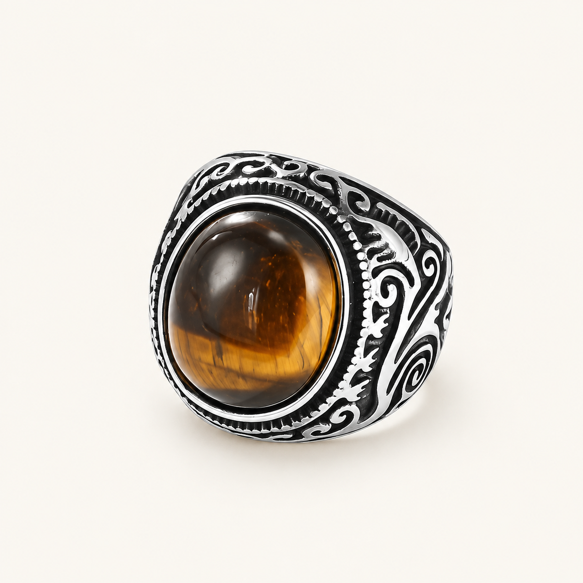 Men's Tiger Eye Ring on an ivory background