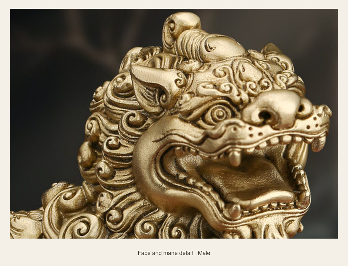 Mini Brass Dragon-Scale Pixiu Statue — face and mane detail (Male)