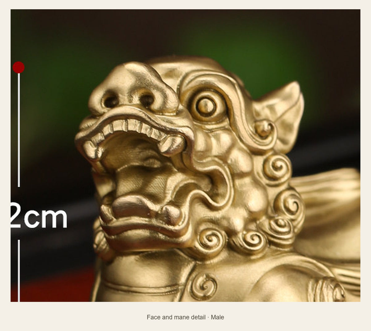 Mini Brass Rounded Pixiu Statue — face and mane detail (Male)