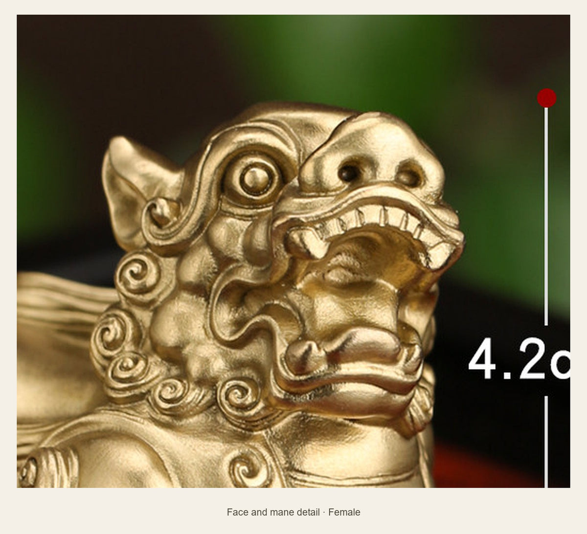 Mini Brass Rounded Pixiu Statue — face and mane detail (Female)