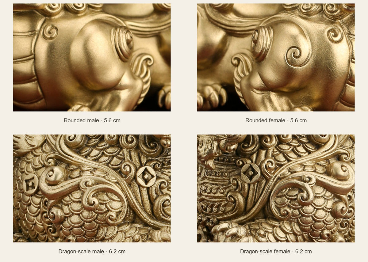 Mini Brass Pixiu — Rounded & Dragon-Scale Styles — close-up comparison of the listed options