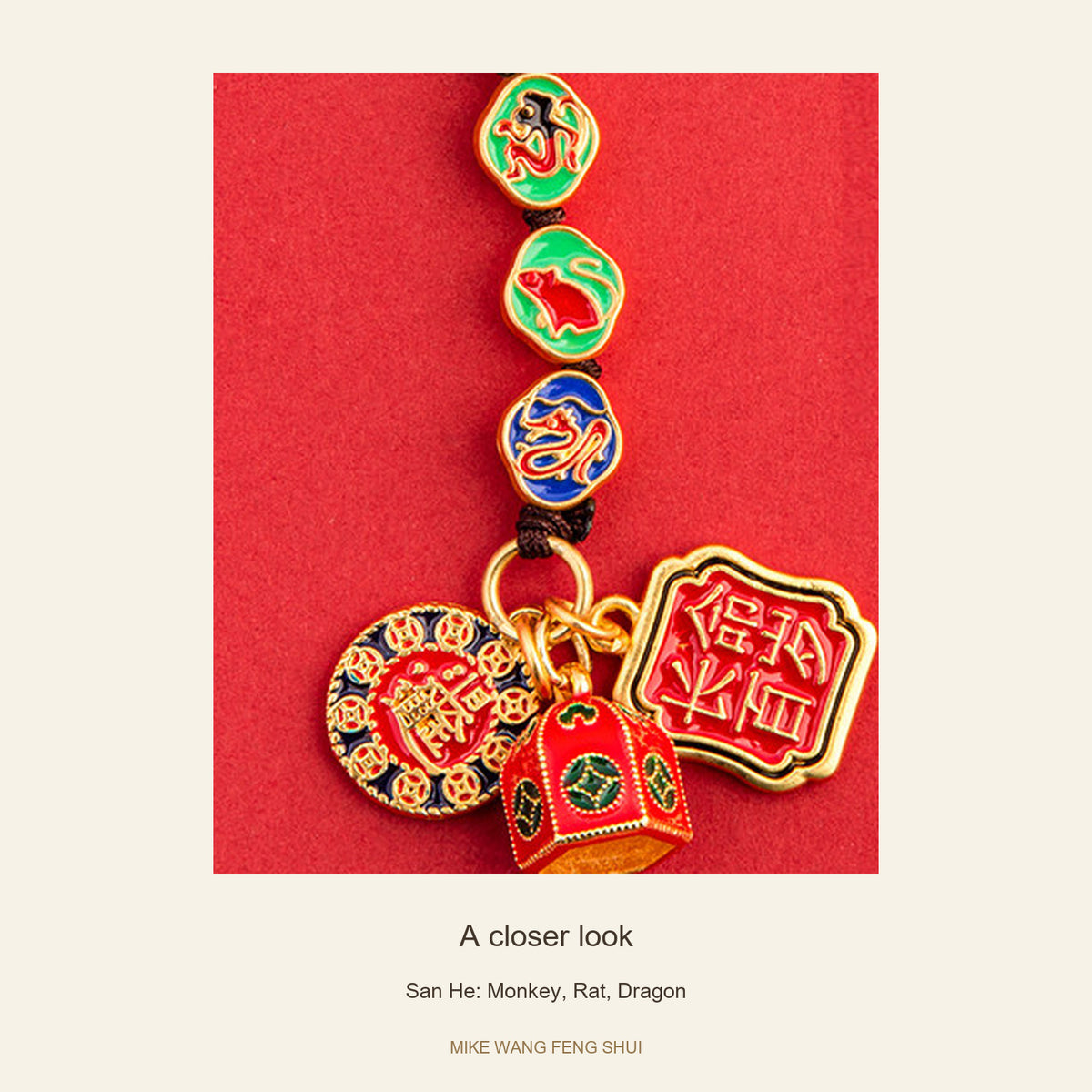 Copper Zodiac Ally Keychain — San He & Liu He — San He: Monkey, Rat, Dragon — detail #Design_San He: Monkey, Rat, Dragon
