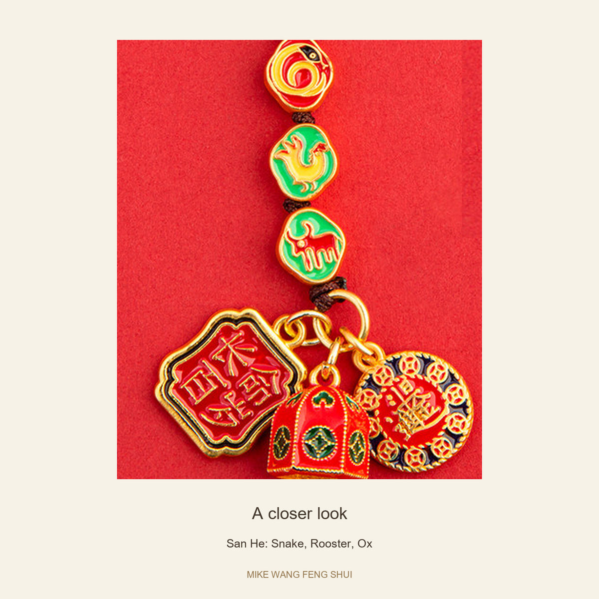 Copper Zodiac Ally Keychain — San He & Liu He — San He: Snake, Rooster, Ox — detail #Design_San He: Snake, Rooster, Ox