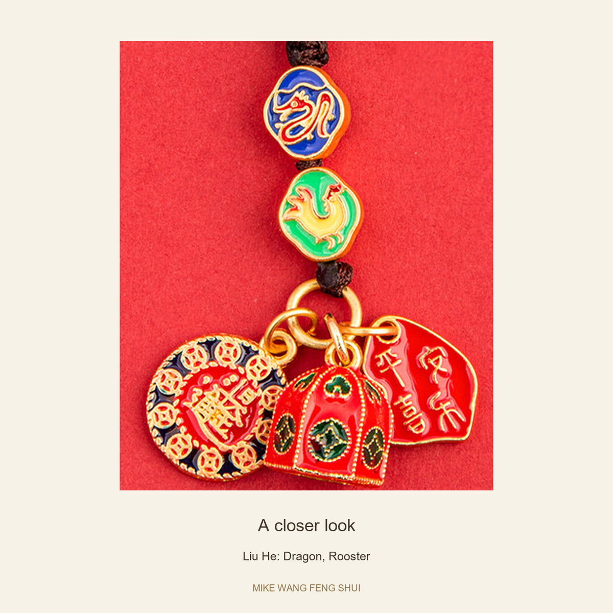 Copper Zodiac Ally Keychain — San He & Liu He — Liu He: Dragon, Rooster — detail #Design_Liu He: Dragon, Rooster
