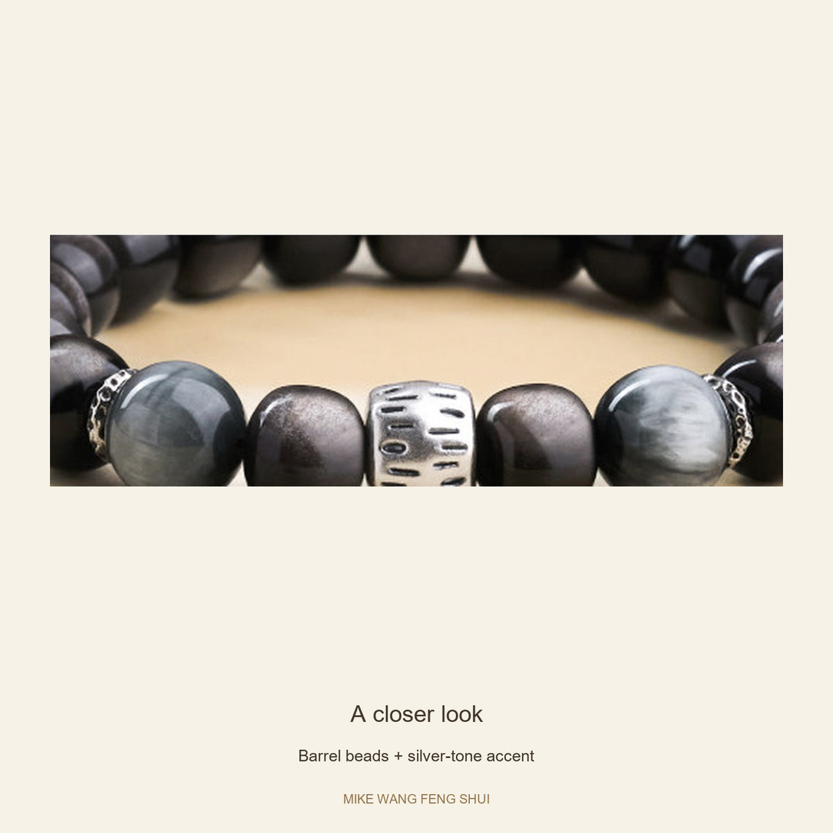 Silver Sheen Obsidian Bracelet — Round & Barrel Beads — Barrel beads + silver-tone accent — detail #Style_Barrel beads + silver-tone accent