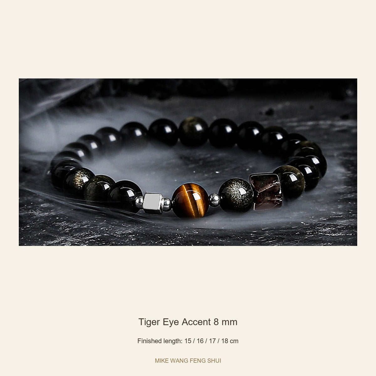 Obsidian Accent Bracelet — Dark Moon & Tiger Eye — Tiger Eye Accent 8 mm — full view #Style_Tiger Eye Accent 8 mm